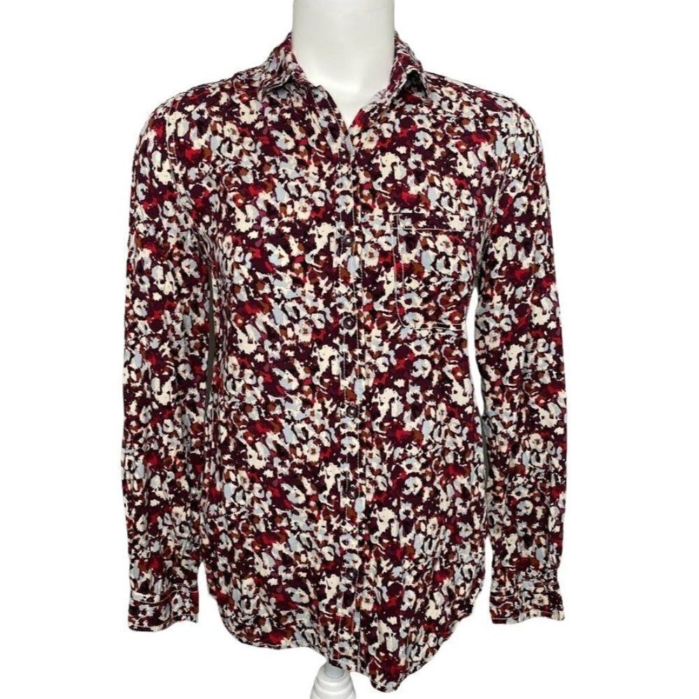 Beach Lunch Lounge Red Plum Blue Button Down Top sz XS‎